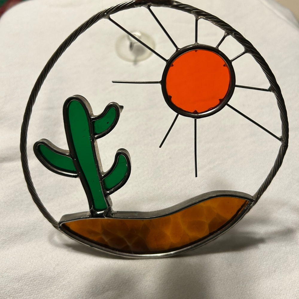 Vintage 1990’s Stained Glass Sun and Cactus Art Piece